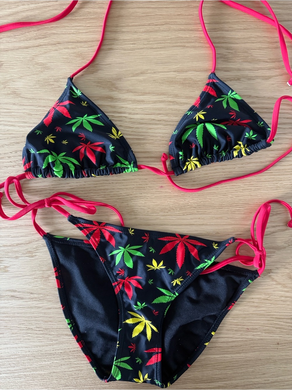 Black Triangle Bikini with Red, Green & Yellow Cannabis Leaf Print - Small - Picture 2 of 4